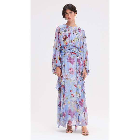 NEW PATBO lily flower long sleeve long dress in blue
